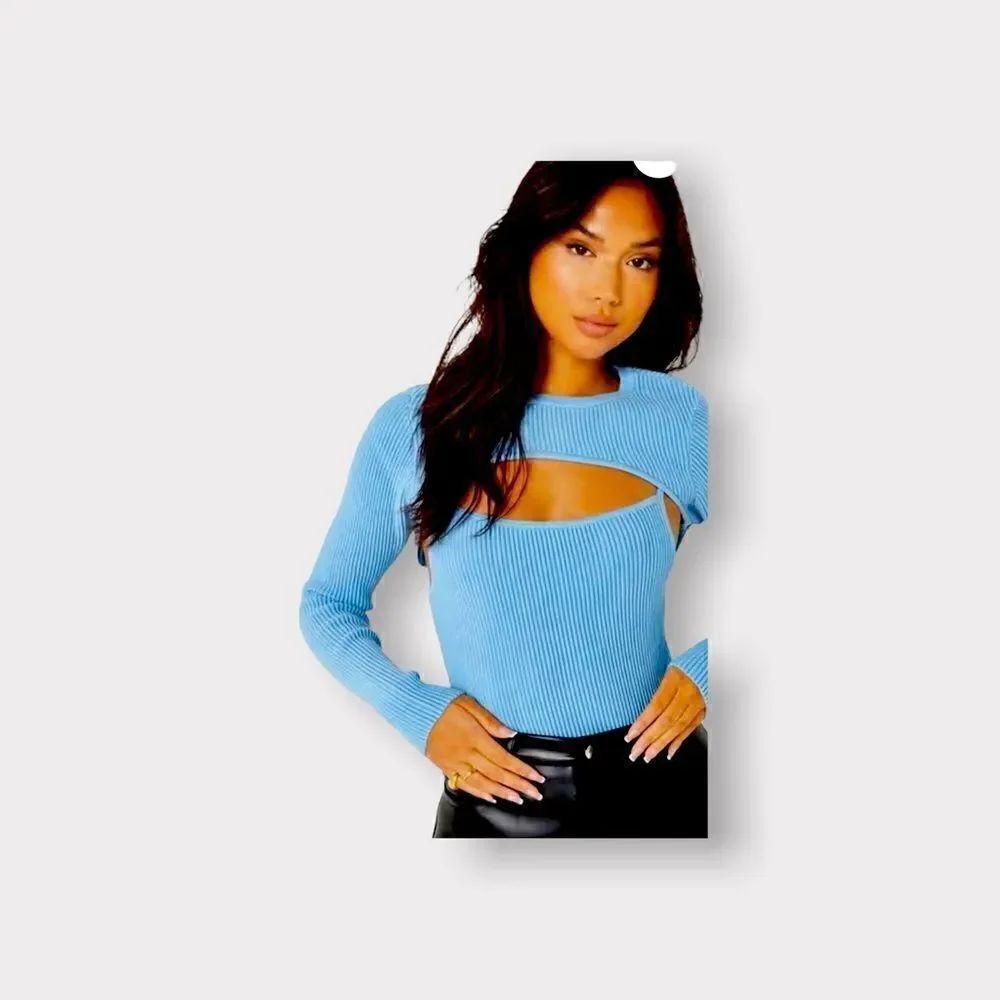 Missguided Re_Styld Knit Rib Layered Body Suit 2 Pc Sz 12 Sky Blue NWT